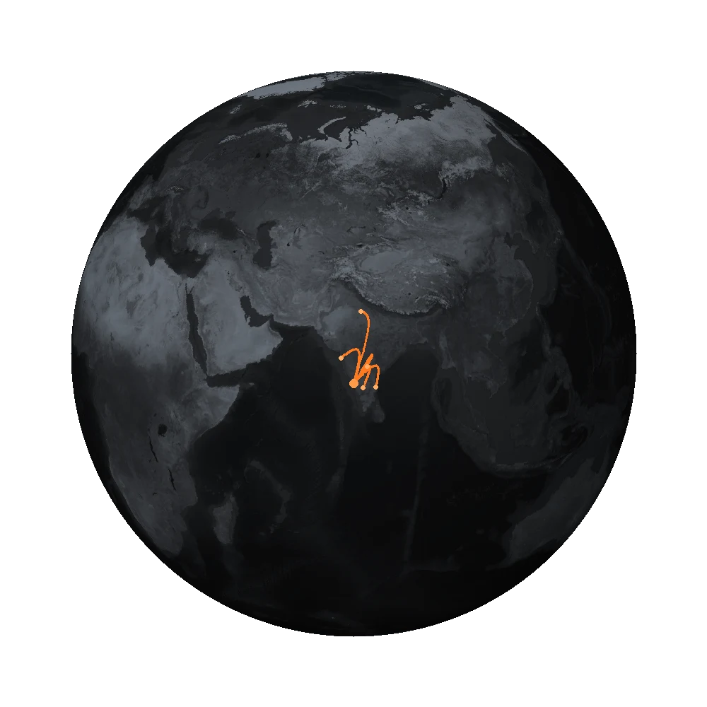 Graphite Earth centred on India, with orange connections from Shivamogga to Bengaluru, Mumbai, Chennai, Hyderabad and Delhi.